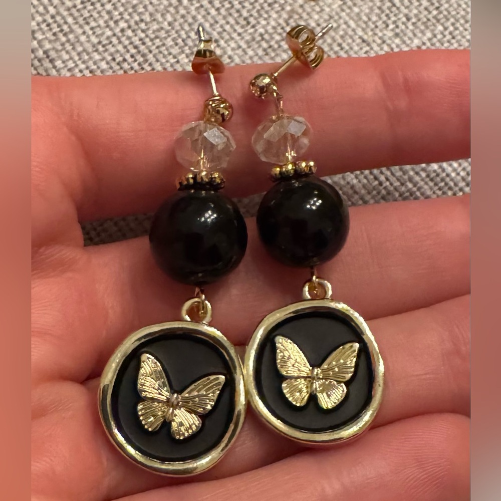 Elegant Black and Gold Butterfly Earrings